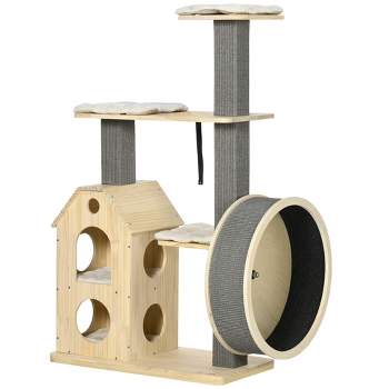 PawHut 53" Modern Cat Tree with Scratching Posts, Small Cat Tree with Double-Layer House, Small Cat Tower for Indoor Cat Furniture, Wooden Cat Tree