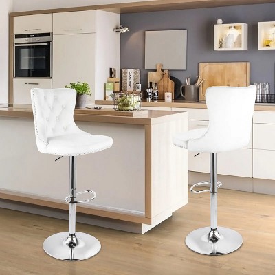 White two sets of velvet bar stools, swivel bar height stools, adjustable bar chairs