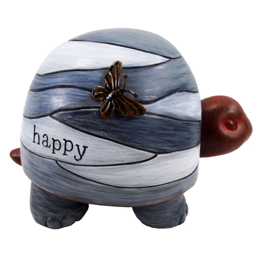 Photos - Garden & Outdoor Decoration 6" "Happy" Turtle Statue with Solar-Powered LED Light Heathered Gray/White