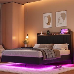 Floating Bed Frame with Charging Station, Upholstered Platform Bed - 1 of 4