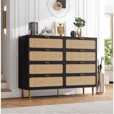Rattan 8 Drawer Dressers for Bedroom, Tall Dresser with Deep Drawers, Large Chest of Drawers for Closet with Wide Top, Long Wooden Dresser