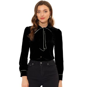 INSPIRE CHIC Women's Velvet Contrast Color Piped Bow Tie Neck Blouse Shirts - 1 of 4