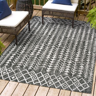 Black and Ivory Geometric Bohemian Indoor/Outdoor Rug