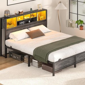Aheaplus Bed Frame with Bookcase Headboard, Charging Station and LED Light - 1 of 4