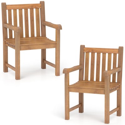 Tangkula 2 PCS Teak Wood Patio Dining Chair Outdoor Armchair w/ Slatted Seat & Solid Legs
