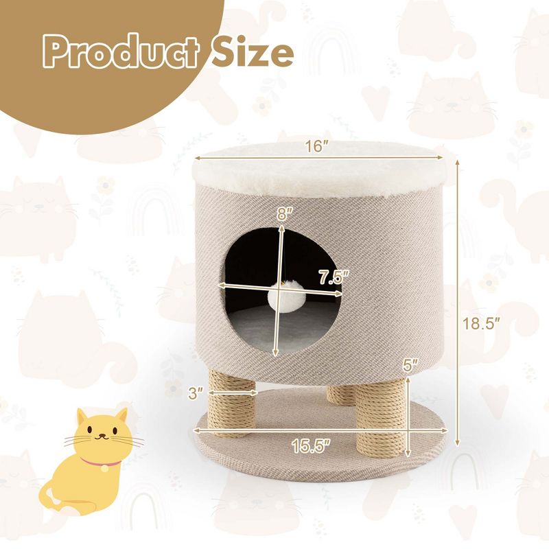 Costway 3-IN-1 Cat Condo Stool Kitty Bed with Scratching Posts & Plush Ball Toy Beige/Grey, 3 of 11