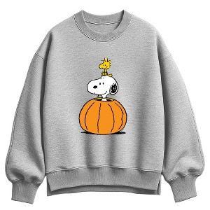 Women's Peanuts Snoopy and Woodstock Pumpkin Oversized Fleece Crew