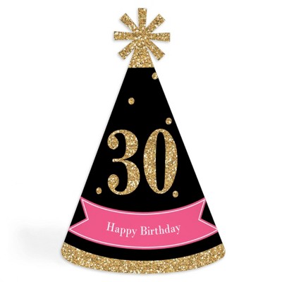 Big Dot of Happiness Chic 30th Birthday - Pink, Black and Gold - Cone Birthday Party Hats for Kids and Adults - Set of 8 (Standard Size)