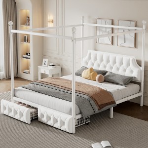 Bellemave Queen Size 4-Poster Metal Canopy Bed Frame with Velvet Headboard and 2 Storage Drawers, 4-Poster Upholstered Canopy Platform Bedframe, White - 1 of 4
