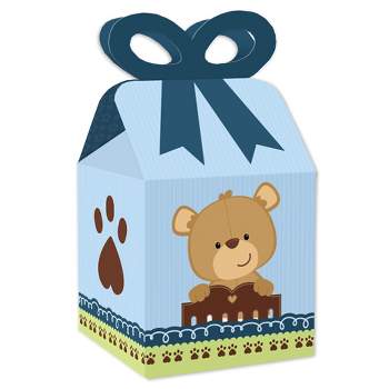 Big Dot of Happiness Baby Boy Teddy Bear - Square Favor Gift Boxes - Baby Shower Bow Boxes - Set of 12