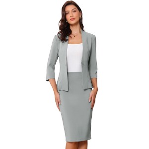 Allegra K Women's Office Work Collarless Blazer Pencil Skirt Business Suit Set 2 Pcs - 1 of 4