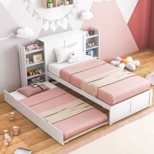 Infans Twin Wooden Platform Bed with Trundle Storage Headboard Pull Out Shelves White - 1 of 4