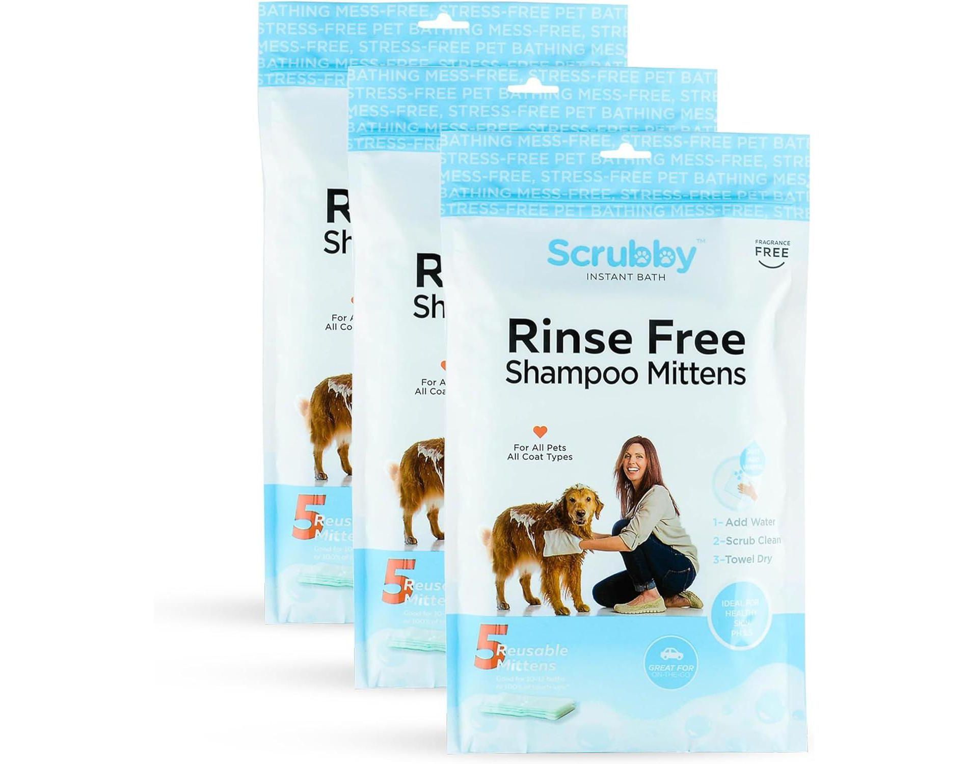 Rinse-Free Shampoo Mittens for Dogs and Cats - Pet Bath Wipes, Hypoallergenic No-Rinse Wash Mitt for Grooming, Lather Wipe Dry, Unscented, 15 Pack