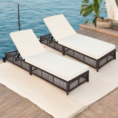 Mshliw Outdoor Lounge Chair Set of 2, Patio Chaise Lounge, Rattan Outdoor Lounge Chair with Cushion, Wheels for Poolside, Backyard, and Garden