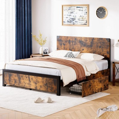 Homhougo King Bed Frame, Platform Full Size Bed Frame with Wood Headboard, Metal Full Bed Frame Brown Brown