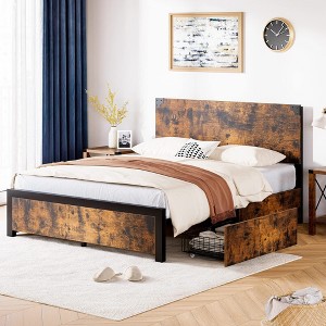 Homhougo King Bed Frame, Platform Full Size Bed Frame with Wood Headboard, Metal Full Bed Frame Brown Brown - 1 of 4
