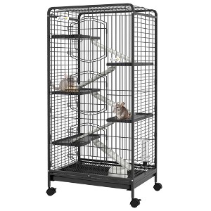 PawHut 6 Level Small Animal Cage for Dwarf Rabbits, Pet Mink, and Chinchillas w/ Removable Tray, Ramp, Water Bottle, Food Dish, Indoor, Black - 1 of 4