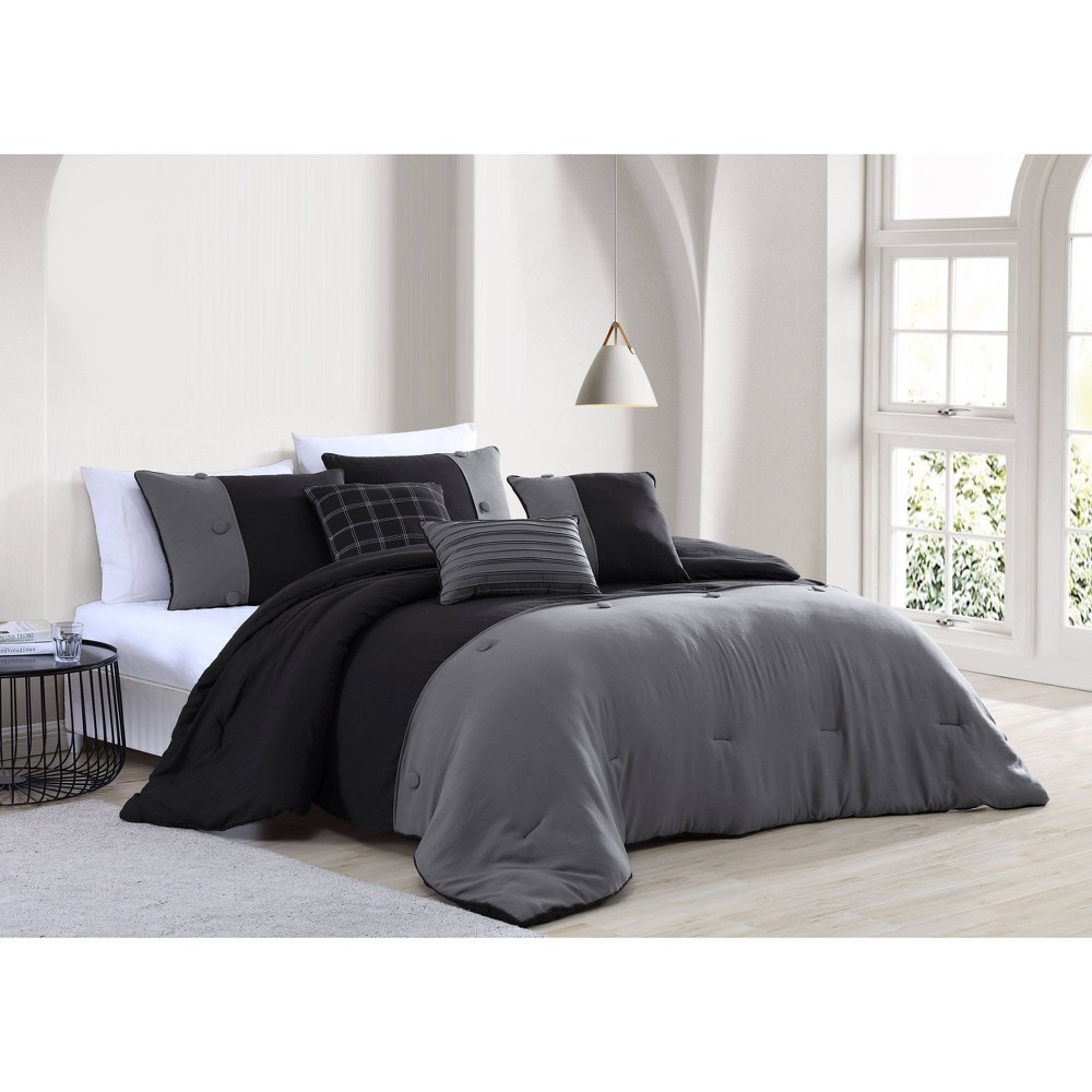 Photos - Bed Linen King 6pc Tillman Enzyme Washed Colorblock Comforter Set Black/Gray - Geneva Home Fashion: Microfiber, Machine Washable, Bedd