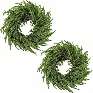 2 Pack Artificial Wreaths Front Door Norfolk Pine Cedar Greenery with Bows Real Holiday Decoration Indoor Outdoor No Assembly Needed - 1 of 4