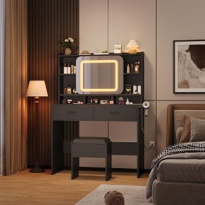 Dressing Table Glam Vanity Set with Sliding Mirror & Stool, Vanity Desk with Mirror Features 3-Color LED Lights - 1 of 4