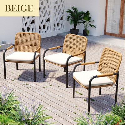 Hrinhom 21.2"W Patio Accent Chairs With Cushions,Outdoor Rattan Dining Chairs with Metal Legs, Set of 3