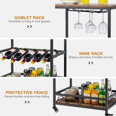 Rustic Brown and Black Rolling Bar Cart with Wine Rack