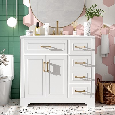Whisen 36" Bathroom Storage Cabinet Bathroom Vanity with Ceramic Sink, Adjustable Shelf and 4 Drawers