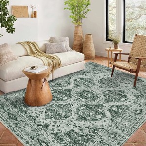 Area Rug Retro Boho Pattern Washable Ultra-Thin Non Slip Living Room Dining Bedroom & Office Dark Green - 1 of 4