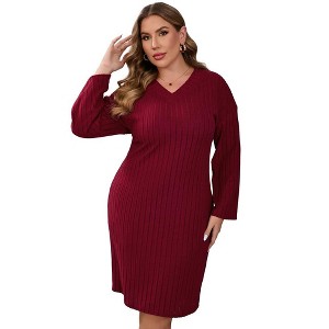 Garvee Womens Plus Size Sweater Dress Long Sleeve Ribbed Knit Dress Winter Loose Casual Pullover Sweater Midi Dresses - 1 of 4