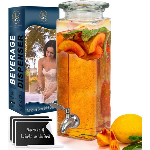 Le'raze Square Glass Drink Dispenser - Stainless Steel Spigot + Marker &  Label - 100% Leakproof - 80oz.
