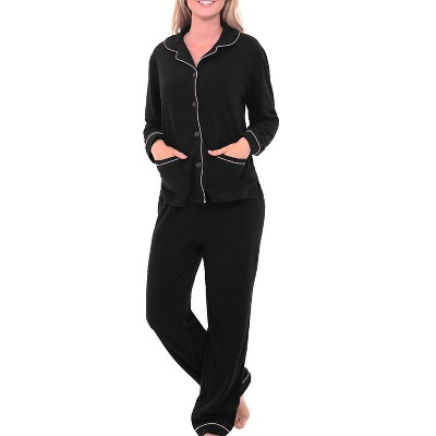 Adr Women's Plush Fleece Pajamas Set, Button Down Winter Pj Set Black ...