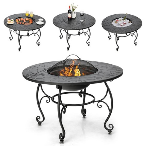 3-in-1 Outdoor Fire Pit, Heavy Duty Metal Fire Pit with Spark Mesh Cover  and Poker, 26 in Outdoor Grill/Ice/Fire Pit, Wood Burning Bonfire Bowl Pit,  for Backyard, Patio, Party, BBQ, Black, D2845 