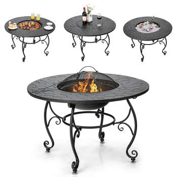 Costway 35.5'' Patio Fire Pit Dining Table Charcoal Wood Burning W/ Cooking BBQ Grate