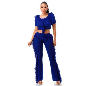 Slickblue Women's Fringe Crop Top and Knit Pants Set - Dance Outfit in Rust, Royal Blue, or Black, Size S-L - 1 of 4