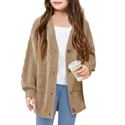 Girls Cable Knit Sweater Cardigan Front Button Cardigan with Side Pockets Above Knee Cardigan for Girls Winter Knitwear,Khaki - 2XL