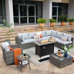 Venice 10pc Wicker Outdoor Patio Furniture Set Conversation Sofa with a Metal Fire Pit, Swivel Chair and Cushions - 1 of 4