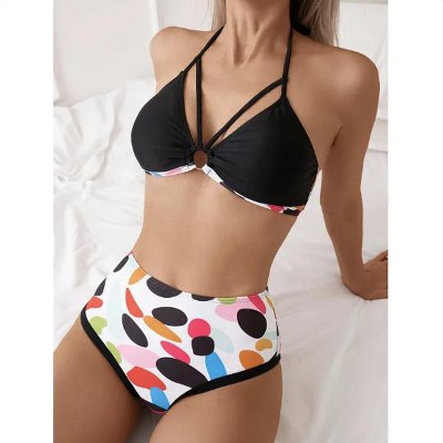 Wikineon Women's Bikini Set, Sexy Round Ring Neck Tie, Random Print Swimsuit, Vacation Style,Black