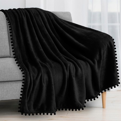 PAVILIA Fleece Pom Pom Blanket Throw for Sofa Bed Soft Lightweight Pompom Fringe Blanket for Couch Black Throw 50x60