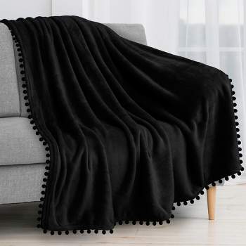 PAVILIA Fleece Pom Pom Blanket Throw for Sofa Bed, Soft Lightweight Pompom Fringe Blanket for Couch