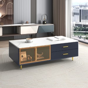 KTMBDW Modern Coffee Table with 4 Drawers, Rectangle Center Tables with 2 Glass Door Storage, Suitable for Living Room, Apartment - 1 of 4