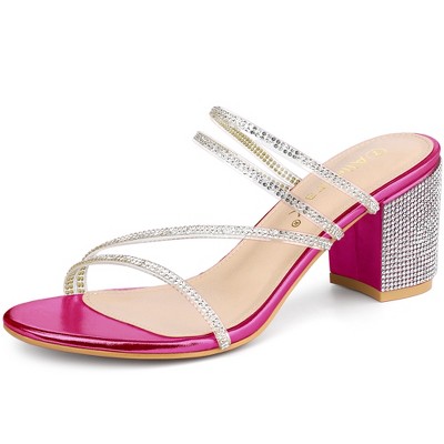 Allegra K Women's Rhinestone Instep Strap Block Heel Slide Sandals