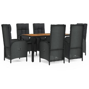 vidaXL 7 Pc Black Poly Rattan Patio Dining Set - Weather-Resistant Outdoor Furniture with Reclining Chairs & Acacia Wood Table - 1 of 4