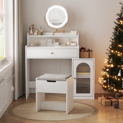 Vanity Desk With Mirror And Adjustable Lights, Makeup Vanity Table Set With Cushioned Storage Stool, Makeup Vanity for Living Room