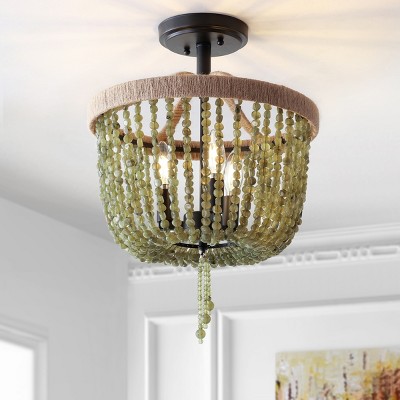 Contemporary Boho Green Bead & Black LED Flush Mount, 20" Height