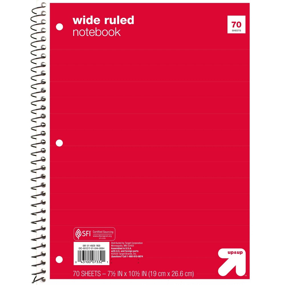 Wide Ruled Red 1 Subject Flexible Paperboard Cover Spiral Notebook - up&up™: 3 Hole Punched, 70 Pages, Tween to Adult