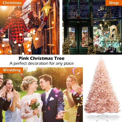 Costway 7ft Pink Artificial Christmas Tree Hinged Full Fir Tree Metal Stand