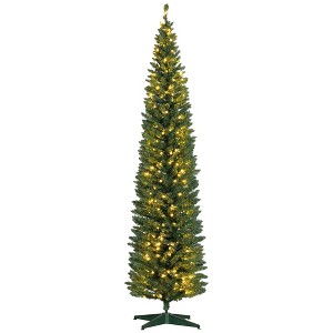 HOMCOM 8' Tall Pre-Lit Slim Noble Fir Artificial Pencil Christmas Tree with Realistic Branches, 300 Warm White LED Lights and 618 Tips, Green - 1 of 4