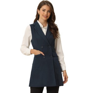 Allegra K Women's Lapel Collar Sleeveless Long Coat Double Breasted Belt Waist Trench Vest - 1 of 4