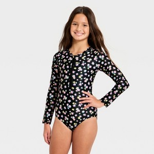 Girls' Long Sleeve Daydream Ditsy One Piece Swimsuit - Cat & Jack™ Black - 1 of 3
