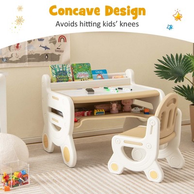 Kids Beige and White Drawing Table and Chair Set with Storage